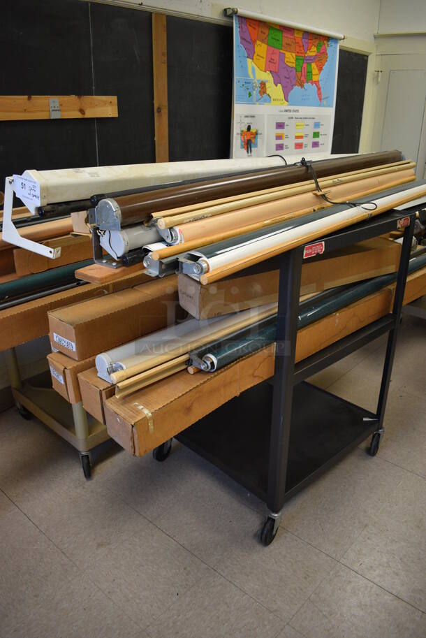 ALL ONE MONEY! Lot of Black Metal AV Cart w/ Contents Including 16 Items; Pull Down Maps and Projectors. BUYER MUST REMOVE.  Includes 69". (Clearview Elementary - Room 10) - Image 1 of 6