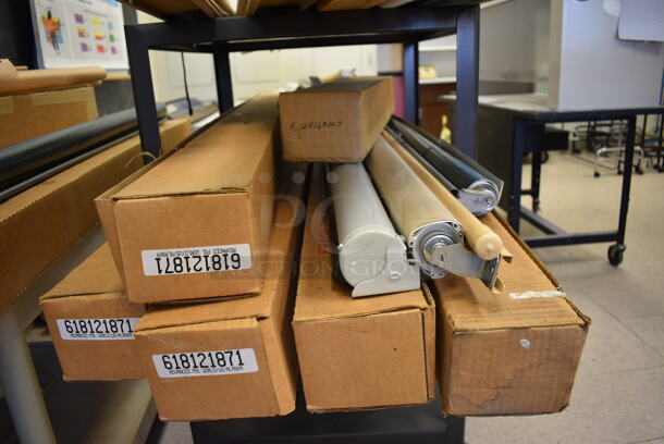 ALL ONE MONEY! Lot of Black Metal AV Cart w/ Contents Including 16 Items; Pull Down Maps and Projectors. BUYER MUST REMOVE.  Includes 69". (Clearview Elementary - Room 10) - Image 3 of 6