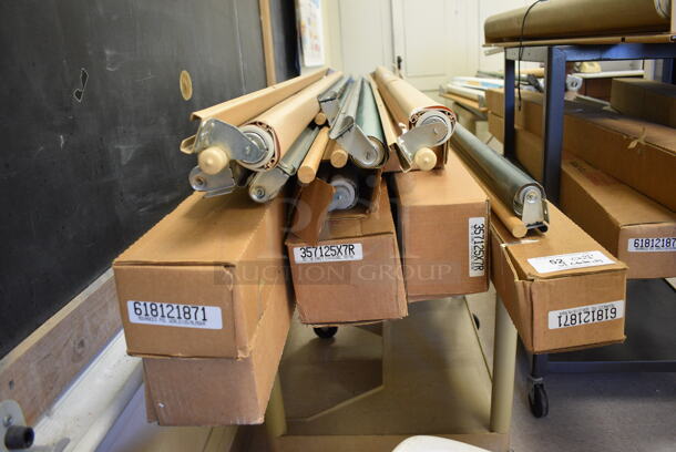 ALL ONE MONEY! Lot of Tan Poly Cart w/ Contents Including 14 Items; Pull Down Maps and Projectors. BUYER MUST REMOVE. Includes 69". (Clearview Elementary - Room 10) - Image 3 of 7
