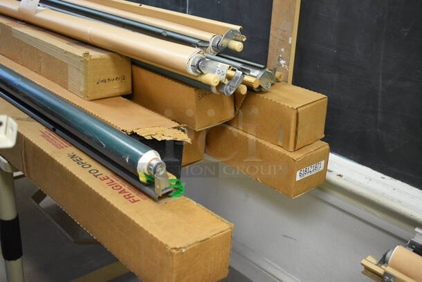 ALL ONE MONEY! Lot of Tan Poly Cart w/ Contents Including 14 Items; Pull Down Maps and Projectors. BUYER MUST REMOVE. Includes 69". (Clearview Elementary - Room 10) - Image 7 of 7
