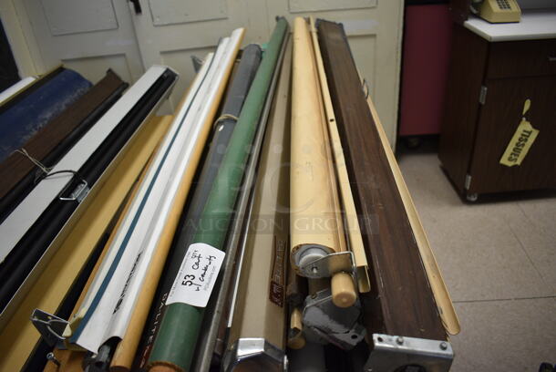 ALL ONE MONEY! Lot of Tan Poly Cart w/ Contents Including 13 Items; Pull Down Maps and Projectors. BUYER MUST REMOVE. Includes 69". (Clearview Elementary - Room 10) - Image 4 of 7