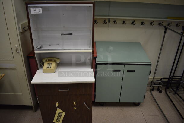 3 Various Items; Wood Pattern Cabinet, Green 2 Door Cabinet and Pink 2 Door Cabinet. Includes 25x18x62. 3 Times Your Bid! (Clearview Elementary - Room 10)