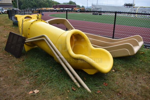 ALL ONE MONEY! Lot of 2 Various Playground Slides, Platform and Pieces. BUYER MUST REMOVE. Includes 43x44x144. (stadium) - Image 1 of 10