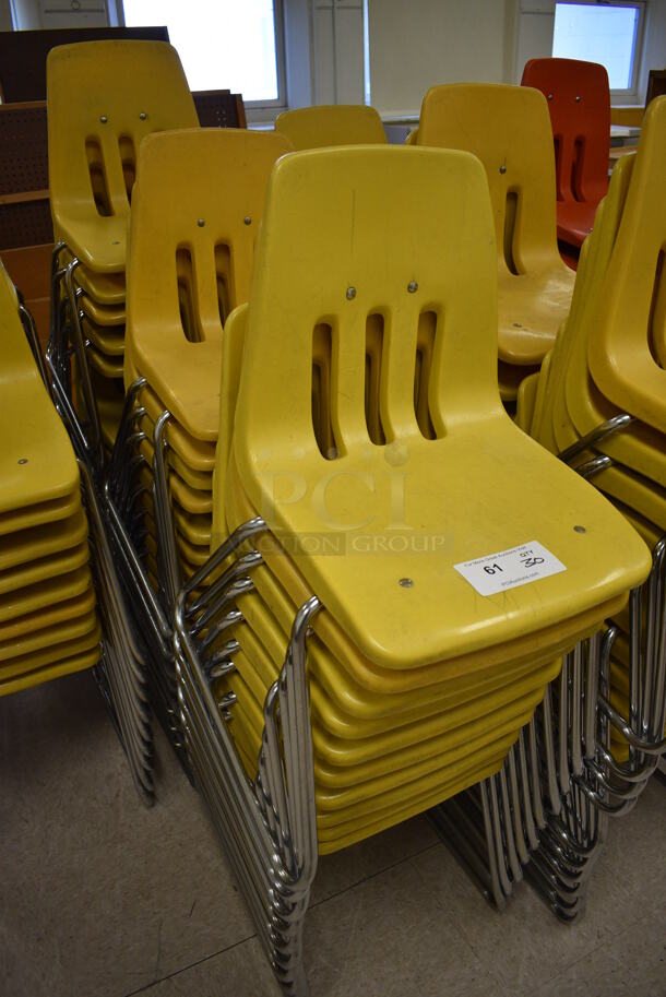 30 Yellow Poly Chairs on Metal Legs. BUYER MUST REMOVE. 16x18x27. 30 Times Your Bid! (Clearview Elementary - Room 10) - Image 2 of 3