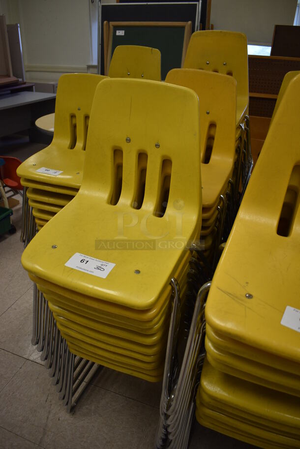 30 Yellow Poly Chairs on Metal Legs. BUYER MUST REMOVE. 16x18x27. 30 Times Your Bid! (Clearview Elementary - Room 10) - Image 3 of 3