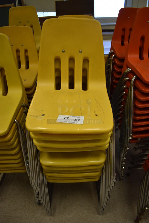 30 Yellow Poly Chairs on Metal Legs. BUYER MUST REMOVE. 16x18x27. 30 Times Your Bid! (Clearview Elementary - Room 10)
