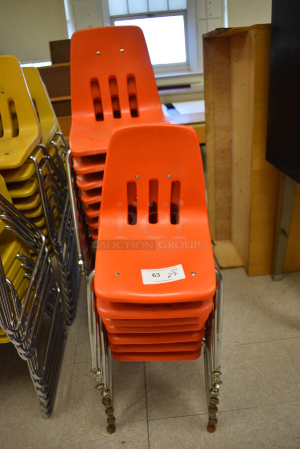 27 Orange Poly Chairs on Metal Legs. BUYER MUST REMOVE. 14x16x27. 27 Times Your Bid! (Clearview Elementary - Room 10)