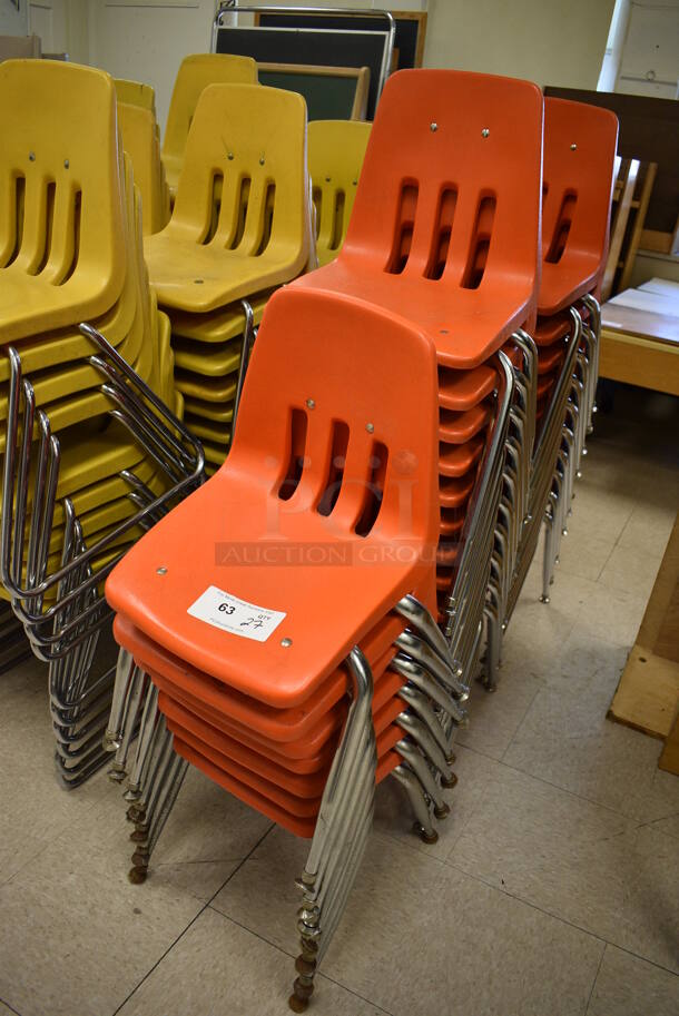 27 Orange Poly Chairs on Metal Legs. BUYER MUST REMOVE. 14x16x27. 27 Times Your Bid! (Clearview Elementary - Room 10) - Image 2 of 3