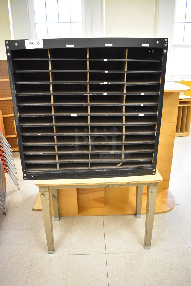 3 Various Wood Pattern Items; Mail Shelving, Table and Magazine Rack. BUYER MUST REMOVE. Includes 38x18x36.5. 3 Times Your Bid! (Clearview Elementary - Room 10)