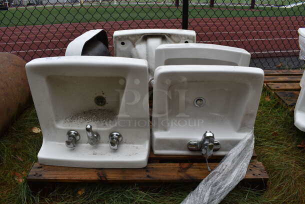 ALL ONE MONEY! Pallet Lot of 5 Various Single Bay Wall Mount Sinks. BUYER MUST REMOVE. Includes 20x18x16. (stadium)