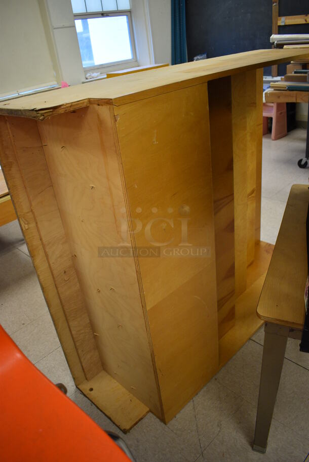 3 Various Wood Pattern Items; Mail Shelving, Table and Magazine Rack. BUYER MUST REMOVE. Includes 38x18x36.5. 3 Times Your Bid! (Clearview Elementary - Room 10) - Image 4 of 6