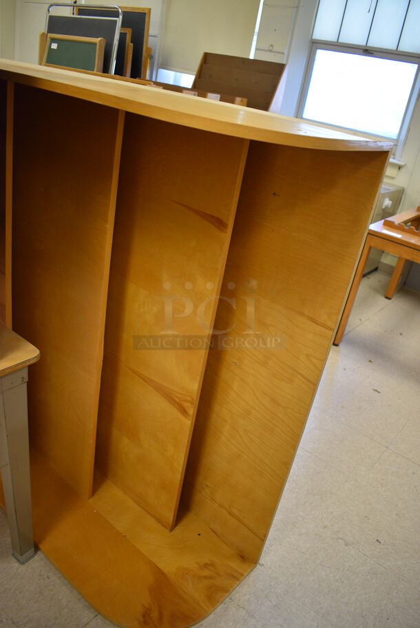 3 Various Wood Pattern Items; Mail Shelving, Table and Magazine Rack. BUYER MUST REMOVE. Includes 38x18x36.5. 3 Times Your Bid! (Clearview Elementary - Room 10) - Image 5 of 6