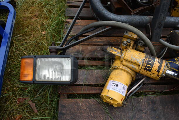 ALL ONE MONEY! Pallet Lot of Various Items Including Meyer E-60 Snow Plow Hydraulic Plow Pump, Headlights and Cord. BUYER MUST REMOVE. Includes 51x21x44. (stadium) - Image 4 of 11