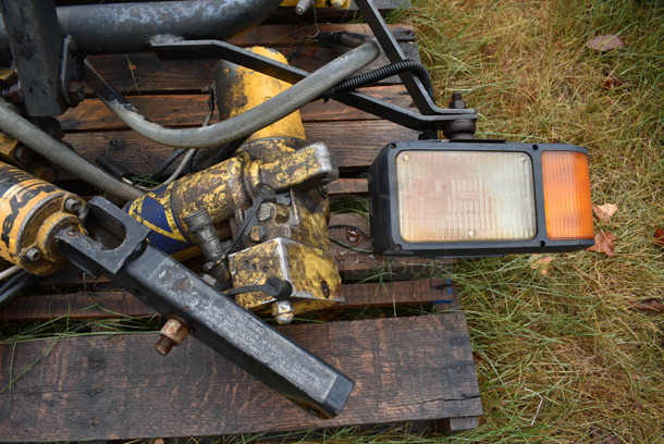 ALL ONE MONEY! Pallet Lot of Various Items Including Meyer E-60 Snow Plow Hydraulic Plow Pump, Headlights and Cord. BUYER MUST REMOVE. Includes 51x21x44. (stadium) - Image 5 of 11