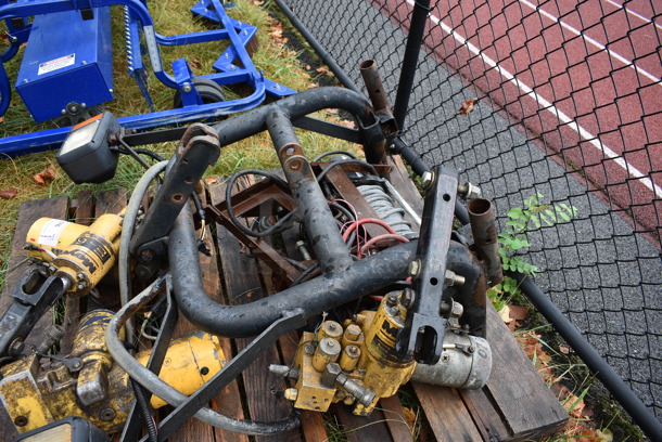 ALL ONE MONEY! Pallet Lot of Various Items Including Meyer E-60 Snow Plow Hydraulic Plow Pump, Headlights and Cord. BUYER MUST REMOVE. Includes 51x21x44. (stadium) - Image 7 of 11