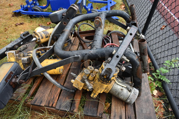 ALL ONE MONEY! Pallet Lot of Various Items Including Meyer E-60 Snow Plow Hydraulic Plow Pump, Headlights and Cord. BUYER MUST REMOVE. Includes 51x21x44. (stadium) - Image 9 of 11