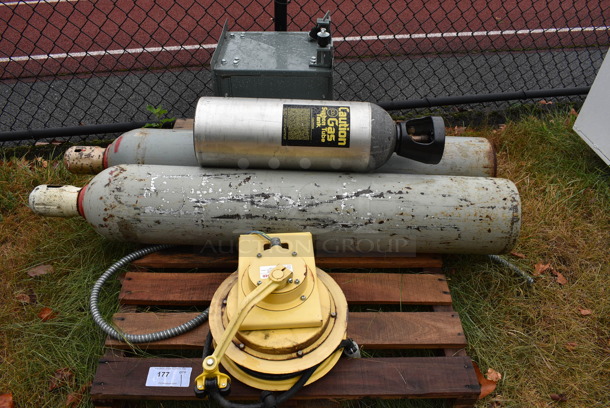 ALL ONE MONEY! Pallet Lot of Various Items Including Gas Syphon Tube Tank, 2 Carbon Dioxide Tanks and Blower. BUYER MUST REMOVE. Includes 9x9x57. (stadium)
