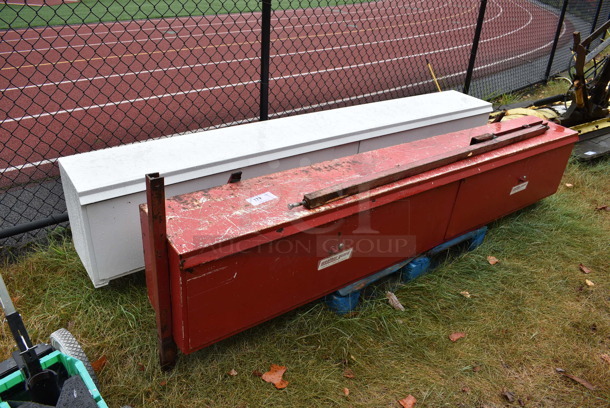 2 Metal 2 Door Cabinet Tool Boxes for Pick Up Truck. BUYER MUST REMOVE. 97.5x13x29.5. 2 Times Your Bid! (stadium) - Image 1 of 7