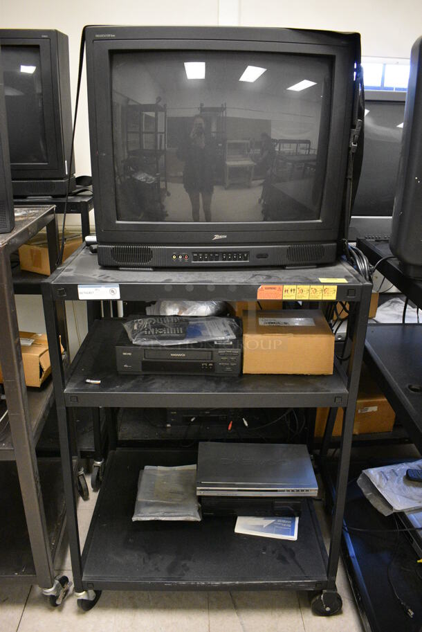 6 Black Metal AV Carts w/ 27" Television and Additional Contents on Commercial Casters. BUYER MUST REMOVE. Includes 28x24x48. 6 Times Your Bid! (Clearview Elementary - Room 8) - Image 4 of 8