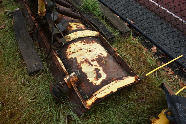 Yellow Metal Front Hitch Snow Plow Attachment. BUYER MUST REMOVE. 90x46.5x25. (stadium) - Image 3 of 8
