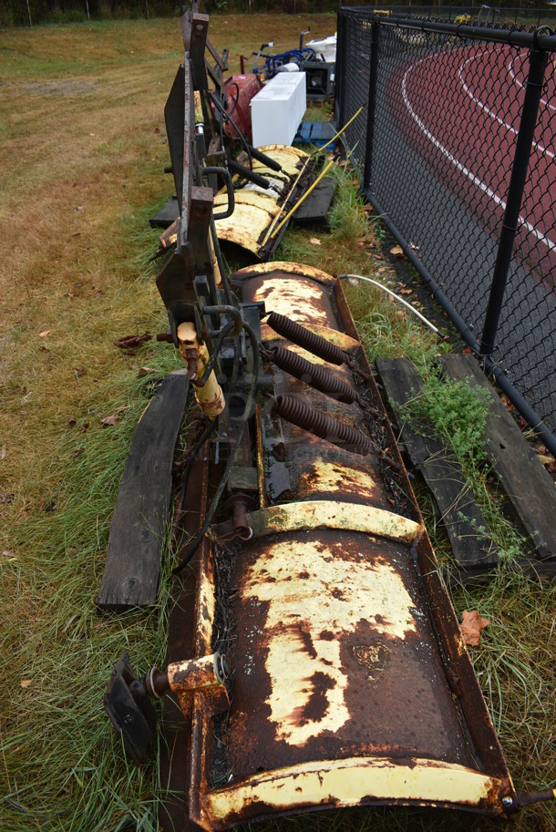 Yellow Metal Front Hitch Snow Plow Attachment. BUYER MUST REMOVE. 90x46.5x25. (stadium) - Image 4 of 8