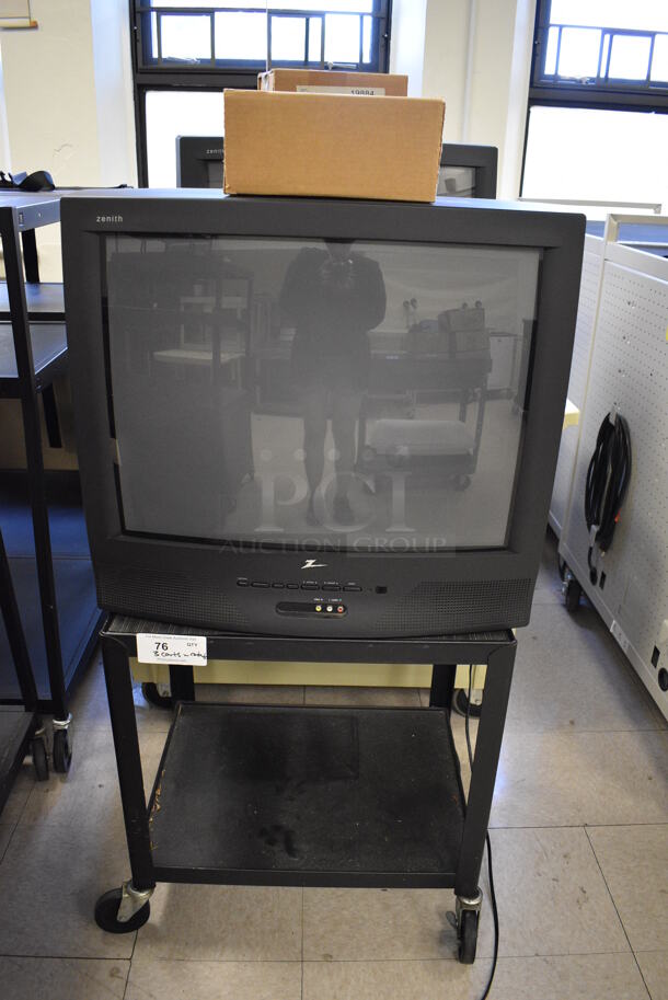 3 Black Metal Carts w/ 27" Television and Contents. BUYER MUST REMOVE. Includes 24x18x26. 3 Times Your Bid! (Clearview Elementary - Room 8) - Image 1 of 6