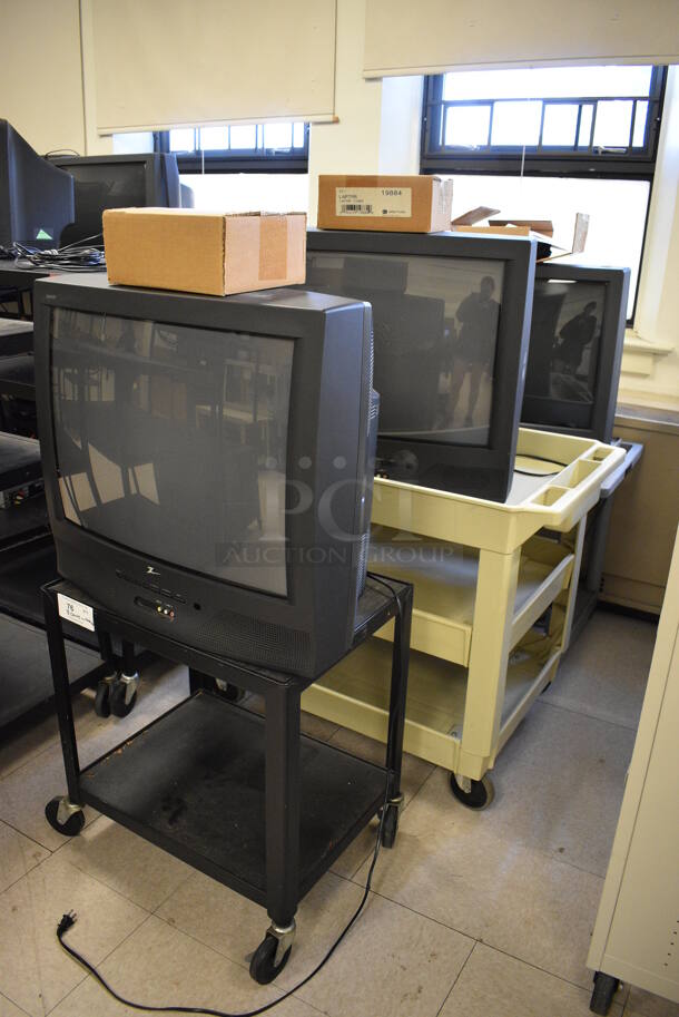 3 Black Metal Carts w/ 27" Television and Contents. BUYER MUST REMOVE. Includes 24x18x26. 3 Times Your Bid! (Clearview Elementary - Room 8) - Image 2 of 6