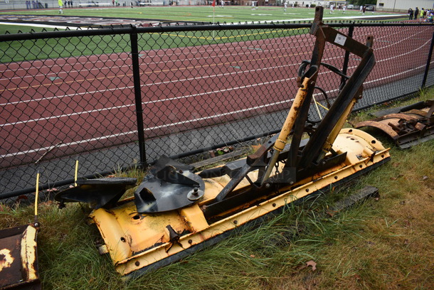 Meyer Model C-8 Yellow Metal Front Hitch Snow Plow Attachment. BUYER MUST REMOVE. 97.5x50.5x26.5. (stadium)