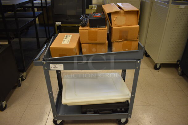 Gray Metal Cart w/ Under Shelf and Contents Including 7 Bretford Laptop Timers, Lids and Black Poly Case. Cart: 33x16x32. (Clearview Elementary - Room 8)
