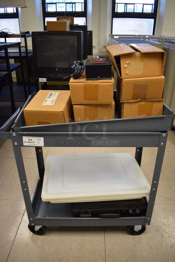 Gray Metal Cart w/ Under Shelf and Contents Including 7 Bretford Laptop Timers, Lids and Black Poly Case. Cart: 33x16x32. (Clearview Elementary - Room 8) - Image 2 of 7