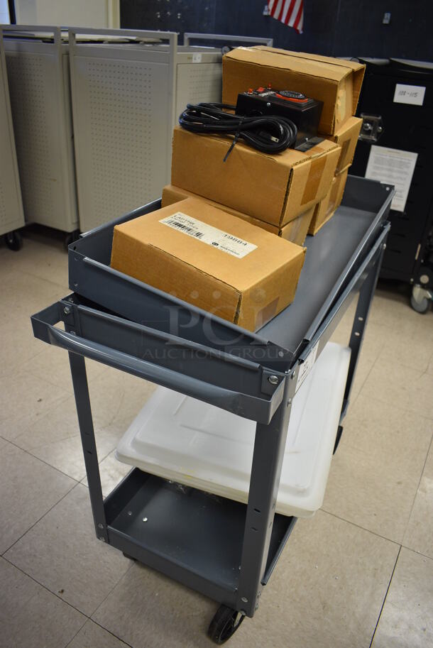 Gray Metal Cart w/ Under Shelf and Contents Including 7 Bretford Laptop Timers, Lids and Black Poly Case. Cart: 33x16x32. (Clearview Elementary - Room 8) - Image 7 of 7