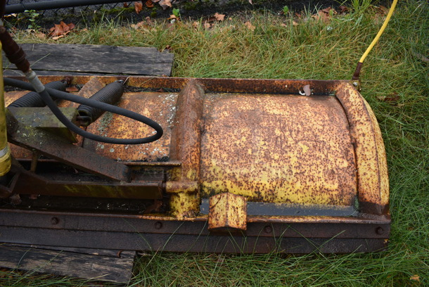 Yellow Metal Front Hitch Snow Plow Attachment. BUYER MUST REMOVE. 102x52.5x23.5. (stadium) - Image 3 of 9