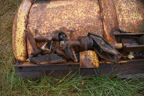 Yellow Metal Front Hitch Snow Plow Attachment. BUYER MUST REMOVE. 102x52.5x23.5. (stadium) - Image 7 of 9