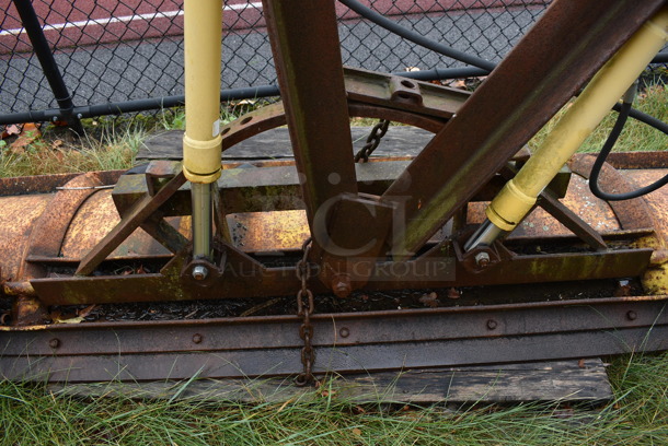 Yellow Metal Front Hitch Snow Plow Attachment. BUYER MUST REMOVE. 102x52.5x23.5. (stadium) - Image 8 of 9