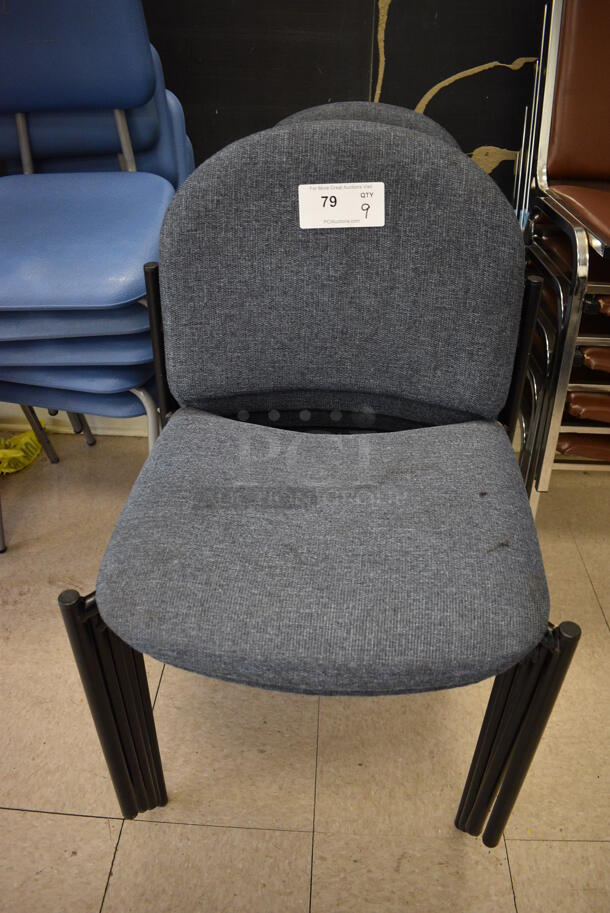 9 Gray Chairs on Black Metal Frame. BUYER MUST REMOVE. 20x16x32. 9 Times Your Bid! (Clearview Elementary - Room 7)