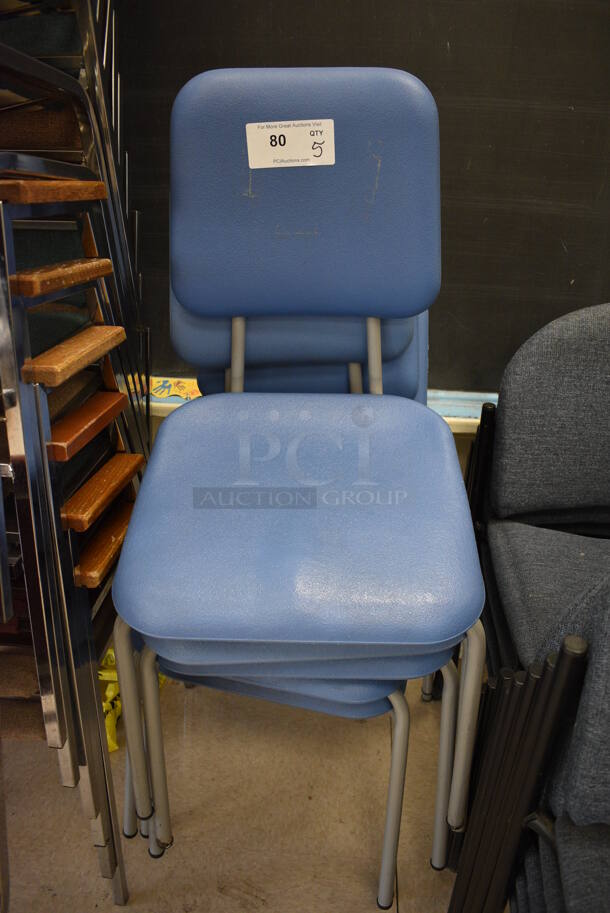 5 Blue Poly Chairs on Metal Legs. BUYER MUST REMOVE. 18x18x34. 5 Times Your Bid! (Clearview Elementary - Room 7)