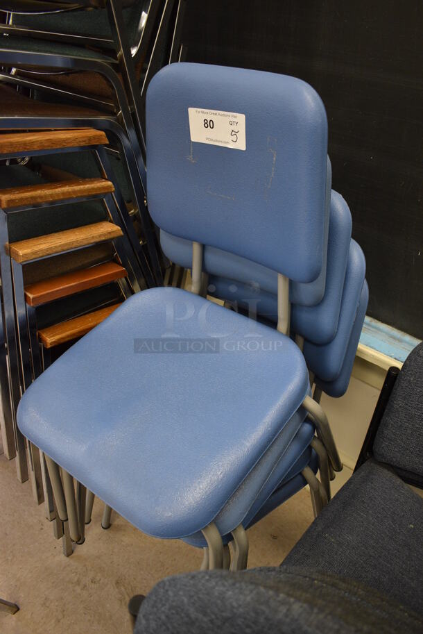 5 Blue Poly Chairs on Metal Legs. BUYER MUST REMOVE. 18x18x34. 5 Times Your Bid! (Clearview Elementary - Room 7) - Image 2 of 4