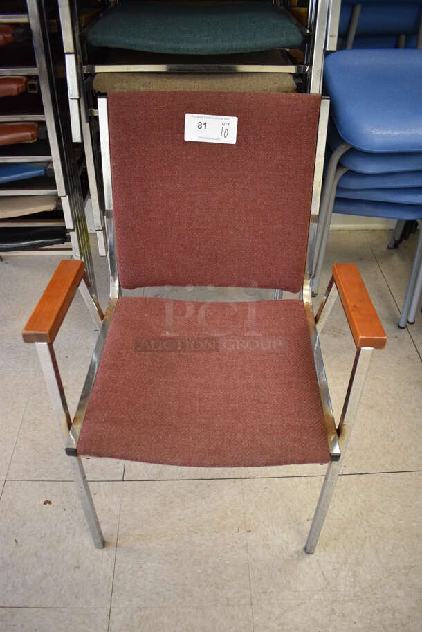 10 Various Colored Chairs on Metal Frame. BUYER MUST REMOVE. 21x21x33. 10 Times Your Bid! (Clearview Elementary - Room 7)
