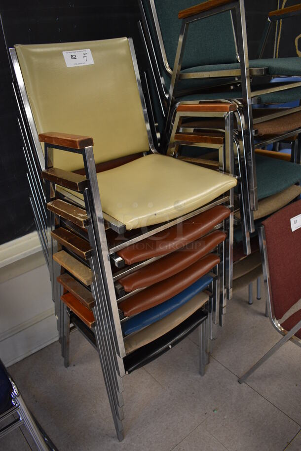 7 Various Colored Chairs w/ Arm Rests on Metal Frame. BUYER MUST REMOVE. 21x21x33. 7 Times Your Bid! (Clearview Elementary - Room 7) - Image 2 of 4