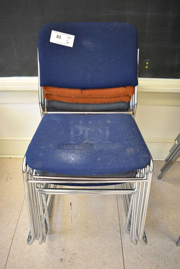 6 Various Colored Chairs on Metal Frame. BUYER MUST REMOVE. 20x22x32. 6 Times Your Bid! (Clearview Elementary - Room 7)