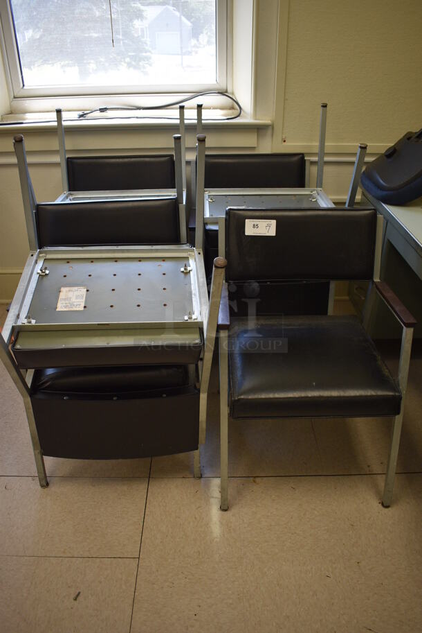 7 Black Chairs w/ Arm Rests on Metal Frame. BUYER MUST REMOVE. 22x22x32. 7 Times Your Bid! (Clearview Elementary - Room 7) - Image 3 of 4