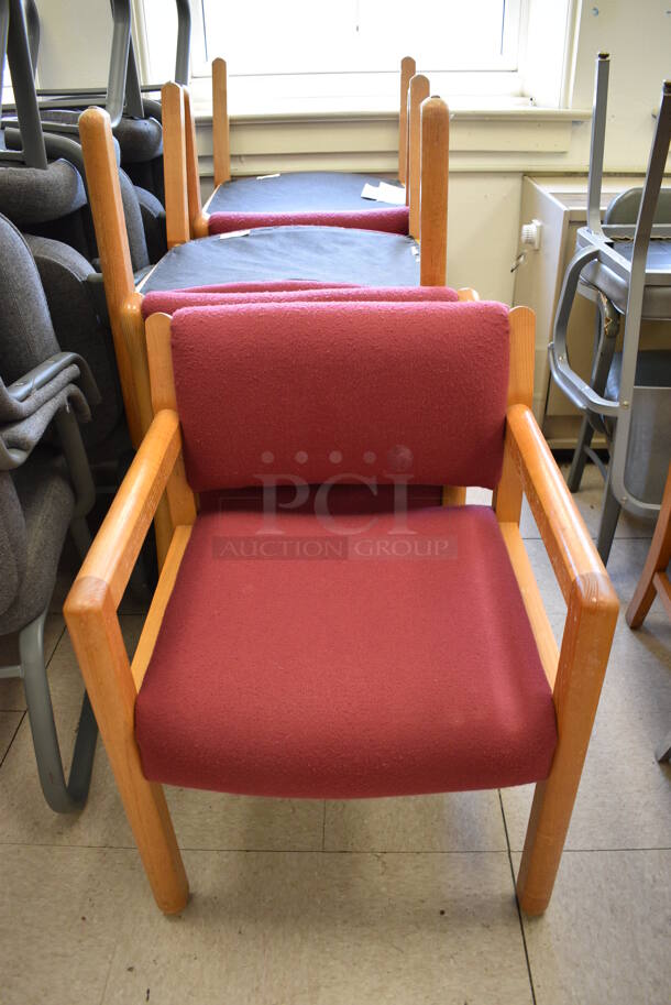 6 Maroon Chairs on Wood Pattern Frame. BUYER MUST REMOVE. 24x24x31. 6 Times Your Bid! (Clearview Elementary - Room 7)