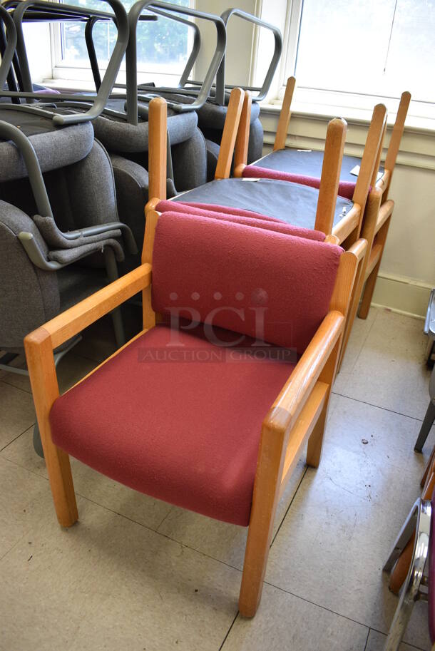 6 Maroon Chairs on Wood Pattern Frame. BUYER MUST REMOVE. 24x24x31. 6 Times Your Bid! (Clearview Elementary - Room 7) - Image 2 of 4