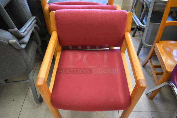 6 Maroon Chairs on Wood Pattern Frame. BUYER MUST REMOVE. 24x24x31. 6 Times Your Bid! (Clearview Elementary - Room 7) - Image 3 of 4