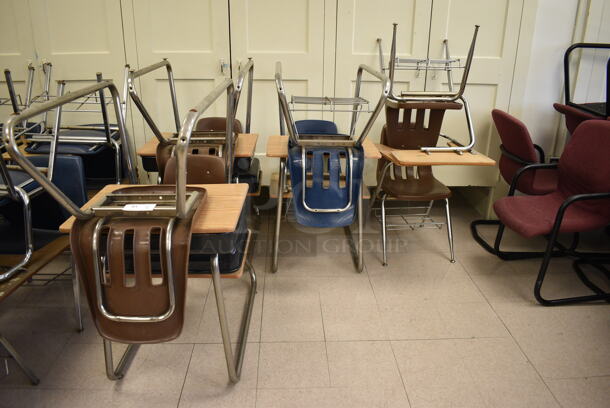 8 Various Desk w/ Attached Chair. BUYER MUST REMOVE. Includes 24x33x31. 8 Times Your Bid! (Clearview Elementary - Room 7)