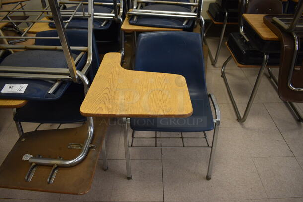 12 Wood Pattern Desk w/ Attached Chair. BUYER MUST REMOVE. 22x30x30. 12 Times Your Bid! (Clearview Elementary - Room 7) - Image 1 of 4
