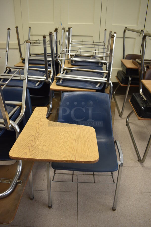12 Wood Pattern Desk w/ Attached Chair. BUYER MUST REMOVE. 22x30x30. 12 Times Your Bid! (Clearview Elementary - Room 7) - Image 2 of 4