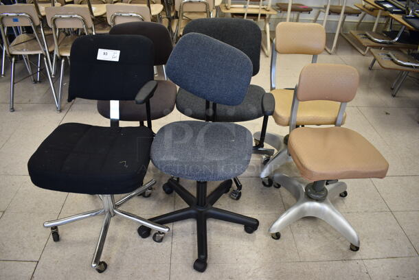 6 Various Chairs on Casters. BUYER MUST REMOVE. Includes 17x18x35. 6 Times Your Bid! (Clearview Elementary - Room 7)
