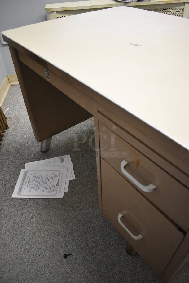 Brown Metal Desk w/ 2 Drawers. BUYER MUST REMOVE. 43x30x30. (Clearview Elementary - Room Between 6 and 7) - Image 4 of 5