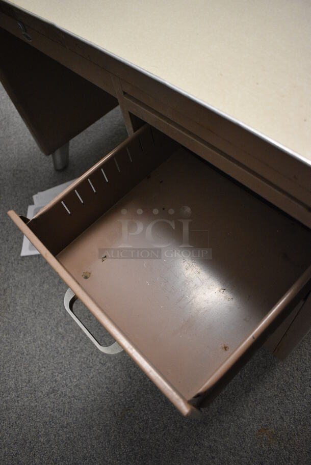 Brown Metal Desk w/ 2 Drawers. BUYER MUST REMOVE. 43x30x30. (Clearview Elementary - Room Between 6 and 7) - Image 5 of 5